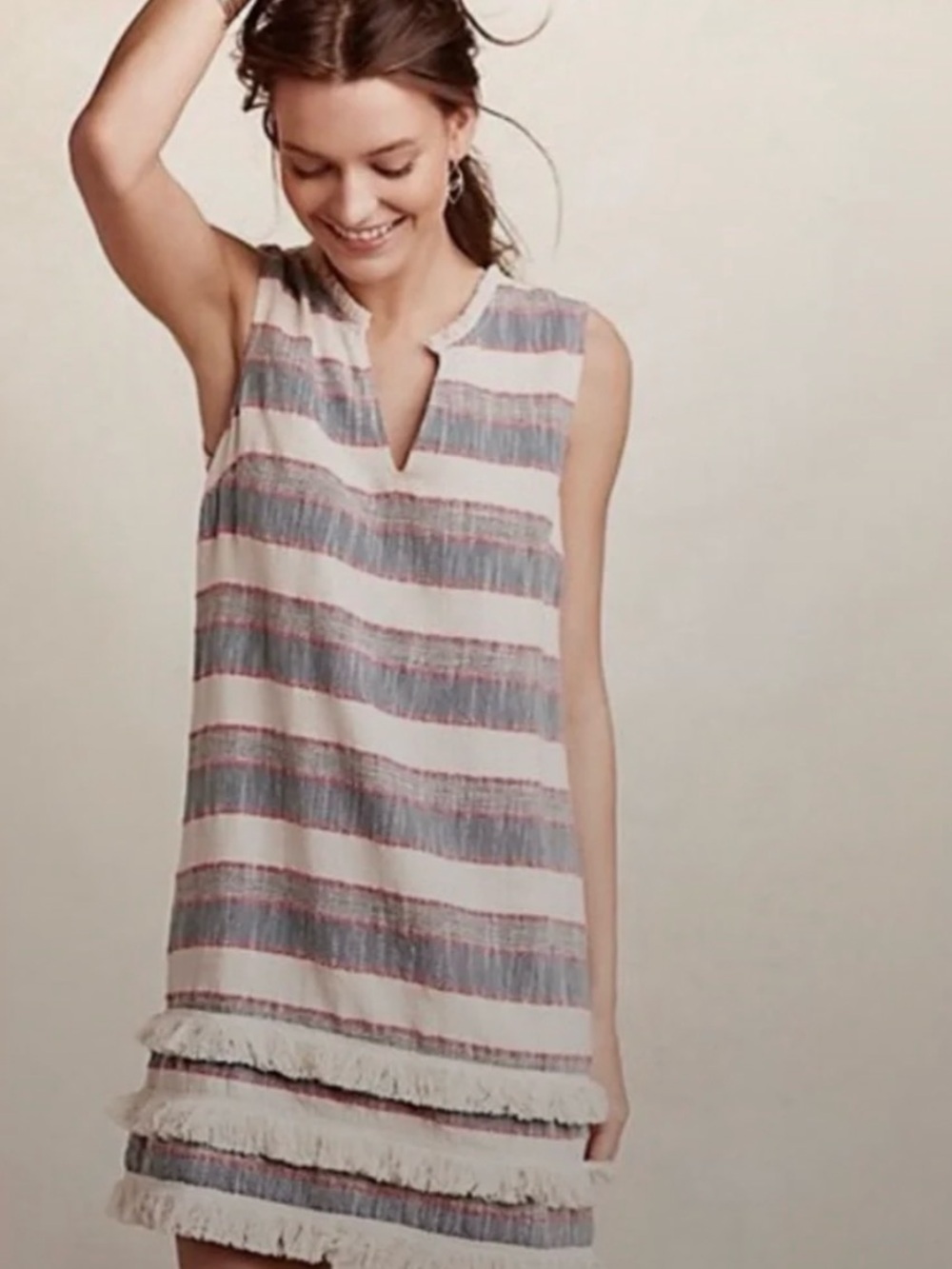 HOLDING HORSES Striped Fringe Shift Tunic - White, Blue